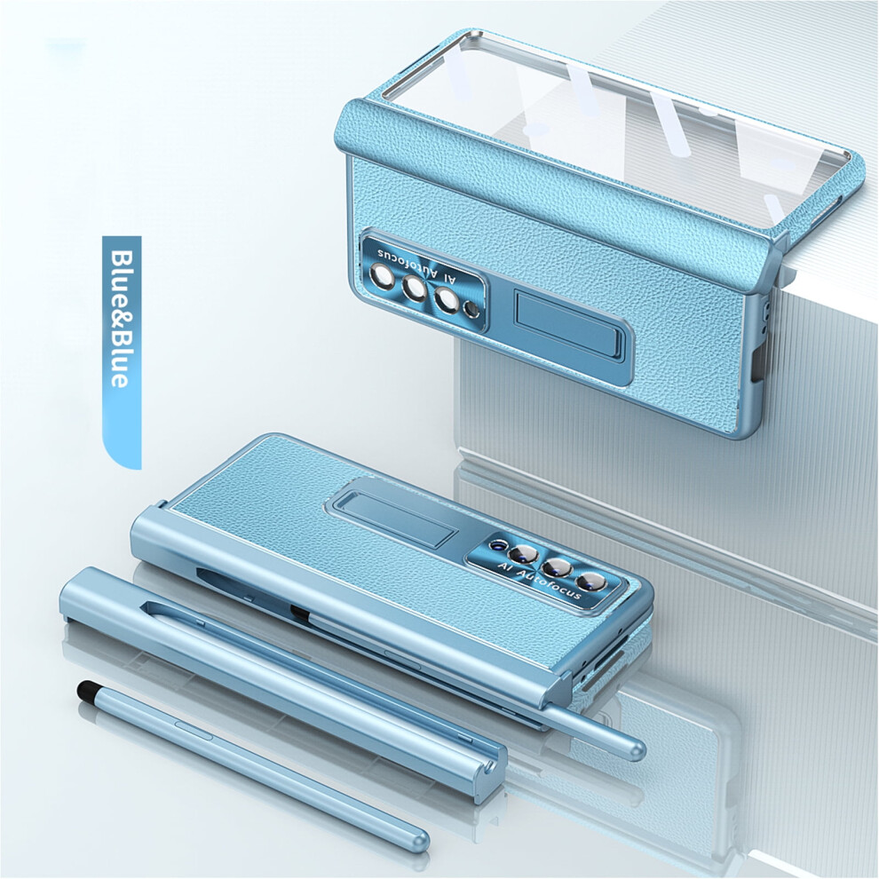 Luxury Leather Case For Compatible With Samsung Galaxy Z Fold 4 Â Plated Hinges, Built-In Pen Slot & Tempered Glass, Kickstand Blue 9170372099818