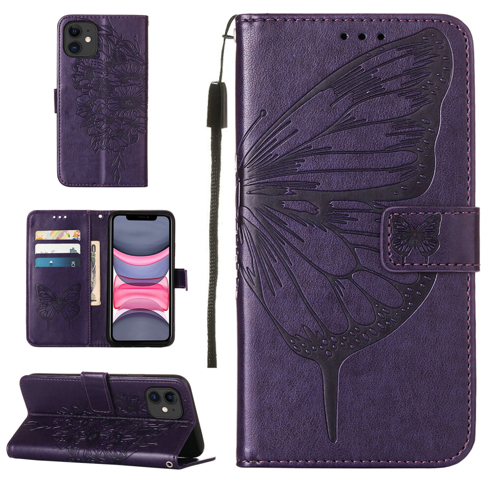 Butterfly Wallet Case For Iphone 12 Â Magnetic Hand Strap, Card Slots, Synthetic Leather Kickstand, Purple 9170372100293