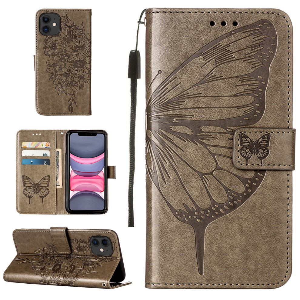 Butterfly Wallet Case For Iphone 12 Â Magnetic Hand Strap, Card Slots, Synthetic Leather, Kickstand, Gray 9170372103133