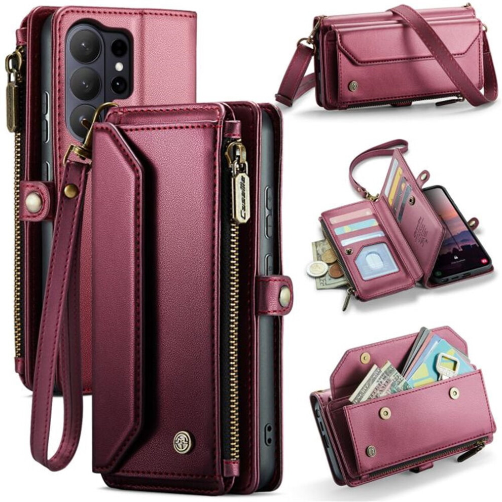 Caseme Leather Wallet Case For Samsung Galaxy S26 Ultra 5GâRfid Blocking, 10-Card Holder, Zipper Bills Slot, Magnetic Wrist StrapâWine Red 9165521601479