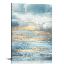 Abstrakter Leinwanddruck fürs Badezimmer, modernes blaues Ozeanbild, kleines Küstenmotiv mit Sonnenuntergang und Sonnenaufgang, 40 x 50 cm (16 x 20