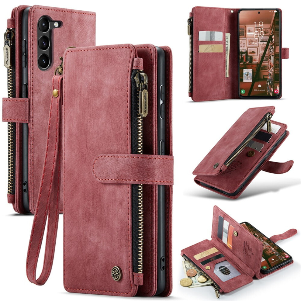 Caseme Wallet Case For Samsung Galaxy S23 (6.1") Â Pu Leather, Magnetic Flip, Lanyard, Zipper Card Holder, Red 9165521603534