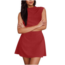 Rotes ärmelloses Kleid für Damen, Herbst/Sommer, Rundhalsausschnitt, Stehkragen, Kunstsatin, langes, lässiges, schlichtes Kleid für junge Frauen,