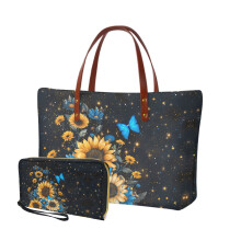 Sac à main en polyester imprimé tournesols, marguerites, papillons et étoiles + portefeuille assorti pour femme, sacoche à poignée supérieure