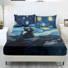 Conjunto de cama Twin XL de 3 peças: Poliéster macio e refrescante, estampa de gato preto em noite estrelada, 1 lençol de baixo com elástico + 2
