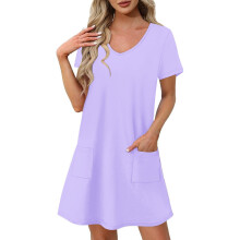 Lila Kleider für Teenager-Mädchen, Sommer/Herbst, Kurzarm, V-Ausschnitt, Spandex, lange Lounge-Kleider, Basic-Kleider, Damenmode 2026, Trendy M