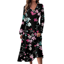 Lässiges, langes Damenkleid mit V-Ausschnitt, langen Ärmeln und Vintage-Blumenmuster für Herbst und Winter, Schwarz, Größe L