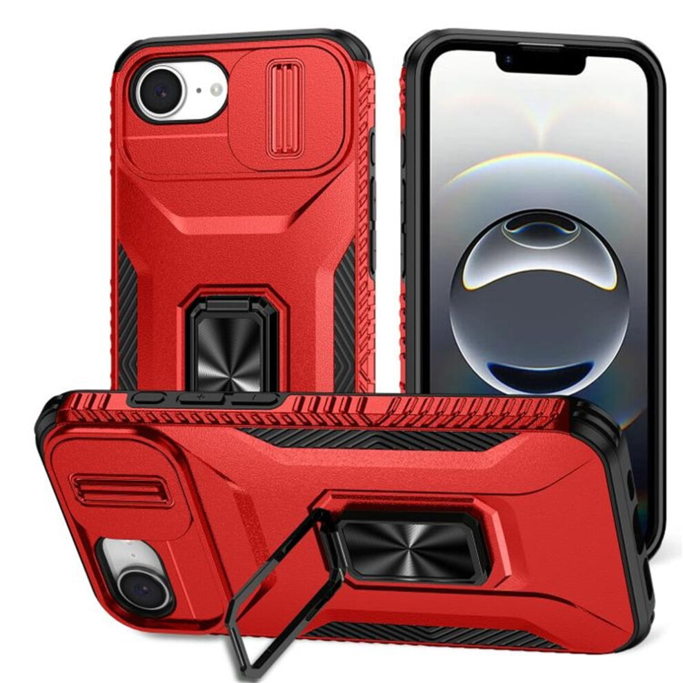 Slim Fit Shockproof Hybrid Case For Iphone 16E Â Military-Grade, Slide Camera Cover & Rotated Ring Kickstand, Red 9405492228641