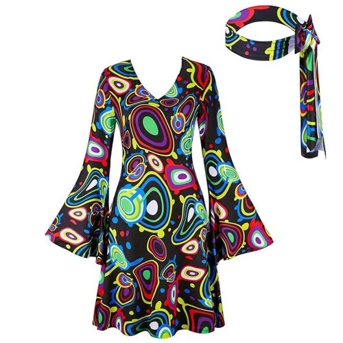 Discokjole til kvinder, 70'er hippiekostume, plus size