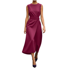Burgunderrotes, locker sitzendes, ärmelloses Midikleid für Damen mit Schlitz und Bindeknoten – Trendiger Y2K-Stil Herbst/Sommer 2026