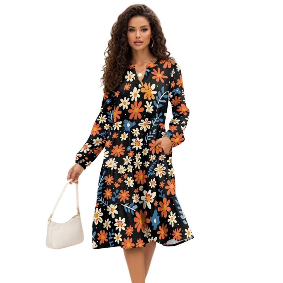 Floral Midi Dress For Women V-Neck Elastic Ruffled Tiered 9558830563093