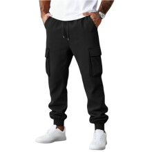 Men's Multi-Pocket Slim Fit Cargo Pants - Drawstring Sporty Casual Work Trousers - Black - Size L
