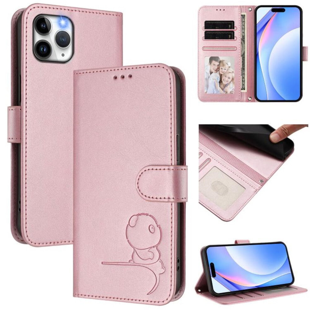 Panda-Embossed Leather Iphone 11 Pro Case With Rfid Wallet, Magnetic Clasp, Lanyard & Flip Stand Pink 9083649398050