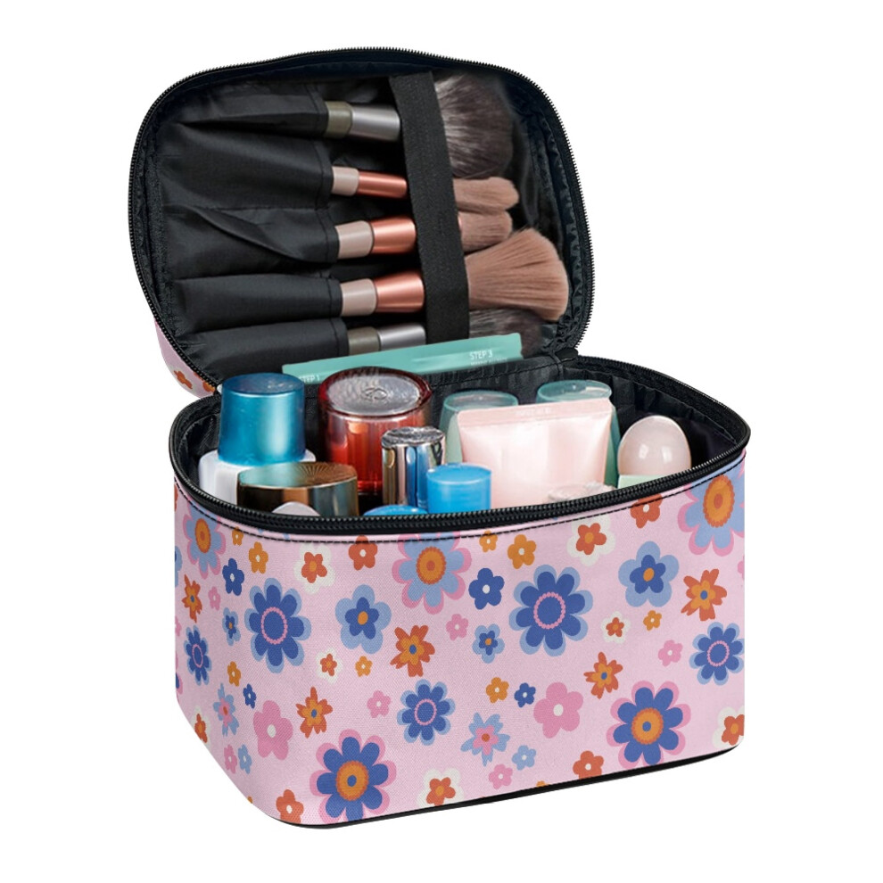 Cartoon Floral Portable Cosmetic Organizer Bags Handle Practical Brush Slots Polyester Handy Travel