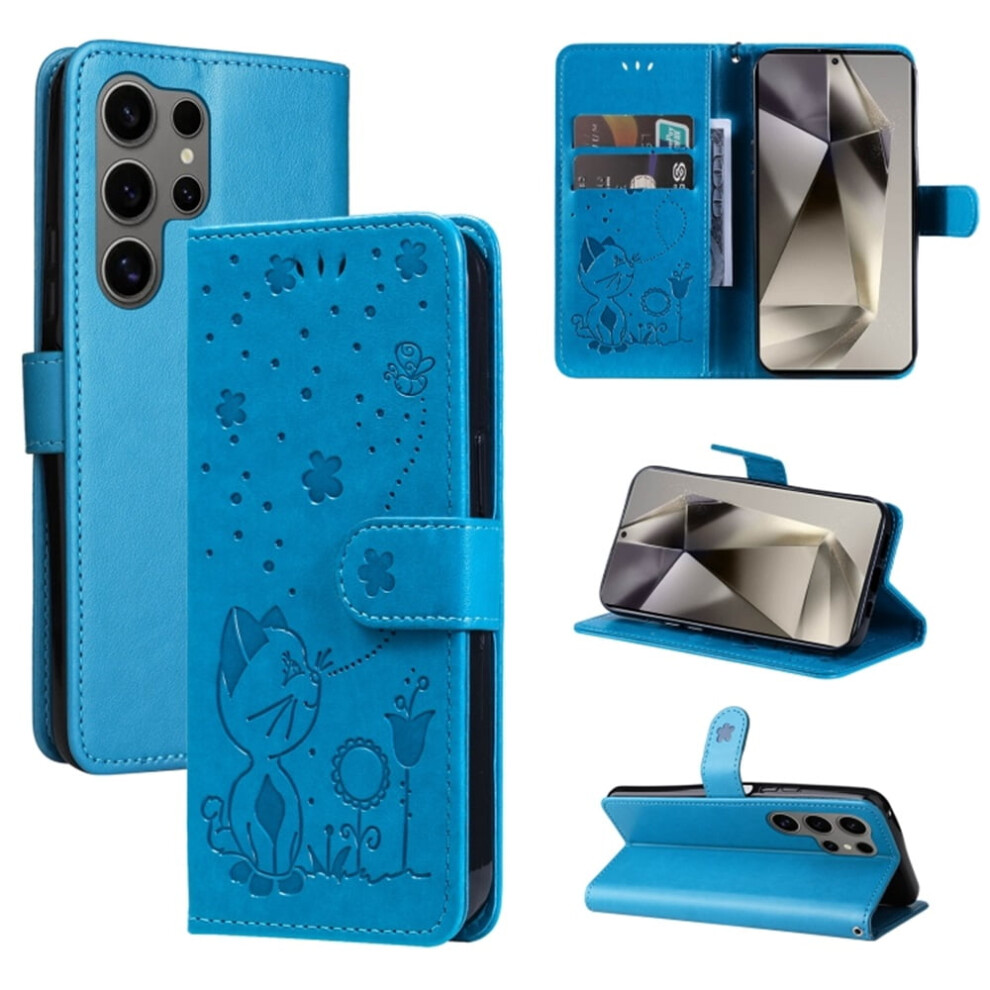 Cat&Bee Patterned Pu Leather Flip Wallet Case With Strong Magnetic Closure & Card Slots, Â Compatible With Samsung Galaxy S25 Ultra 5G 6.9" Blue 9083649398982
