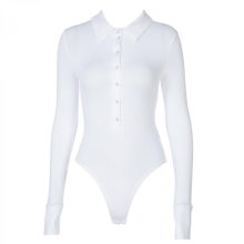(White, L) Body blanc à manches longues et col à revers, taille L (26-27 pouces), idéal pour l'automne et l'hiver.