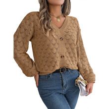 Cardigan scurt cu mânecă lungă pentru femei, pulover ușor tricotat, cu deschidere în față, cu decolteu în V și design cu nasturi, textură