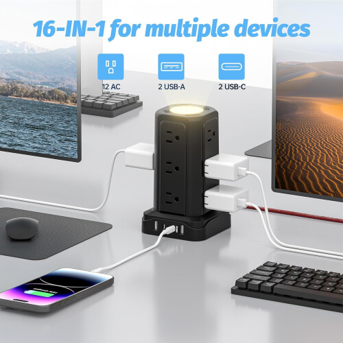 Επίπεδη πρίζα, πολύπριζο, 12 πρίζες, 4 USB, 1625W, 6FT, πλεγμένο 2