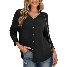 Tunica a maniche lunghe in morbido tessuto a nido d'ape, camicetta da donna leggera ed elasticizzata con scollo a V e bottoni, stile casual,