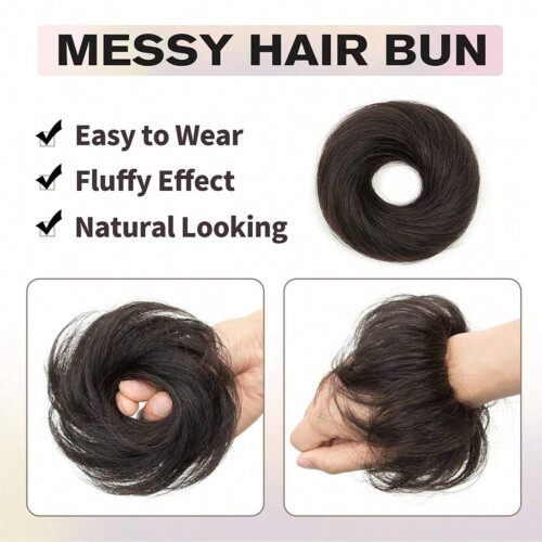 Aplique de cabelo humano com coque desarrumado e elástico, cor natural. 2