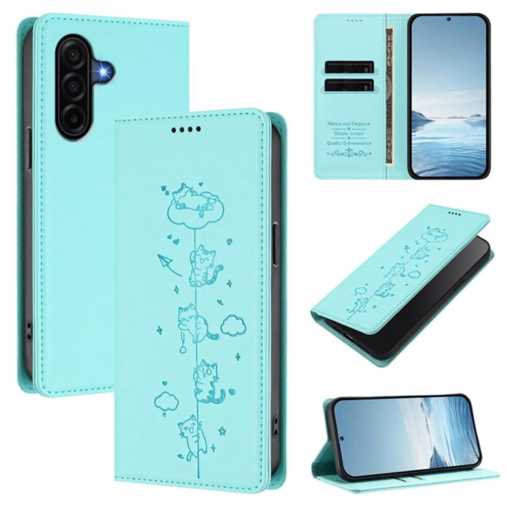 Leather Flip Wallet Case For Galaxy A37 5G Â Rfid Blocking, Cat-Embossed, Magnetic Closure, Card Holder, Green 9558633006445