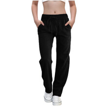 Teen Girls Casual Cotton Linen Pants Lightweight Summer Loose Fit Elastic Waist Solid Lounge Long Trousers Black 14-15 Years