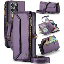 CaseMe Leather Wallet Case for compatible with iPhone 13 Pro Max 6.7" — RFID Blocking, 10-Card Holder, Zipper Bills Slot, Magnetic Wrist Strap