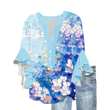 Women's Boho Floral Print Tops Loose V Neck 3/4 Wave Bell Sleeve Flowy Casual Shirts Summer Blouses for Women