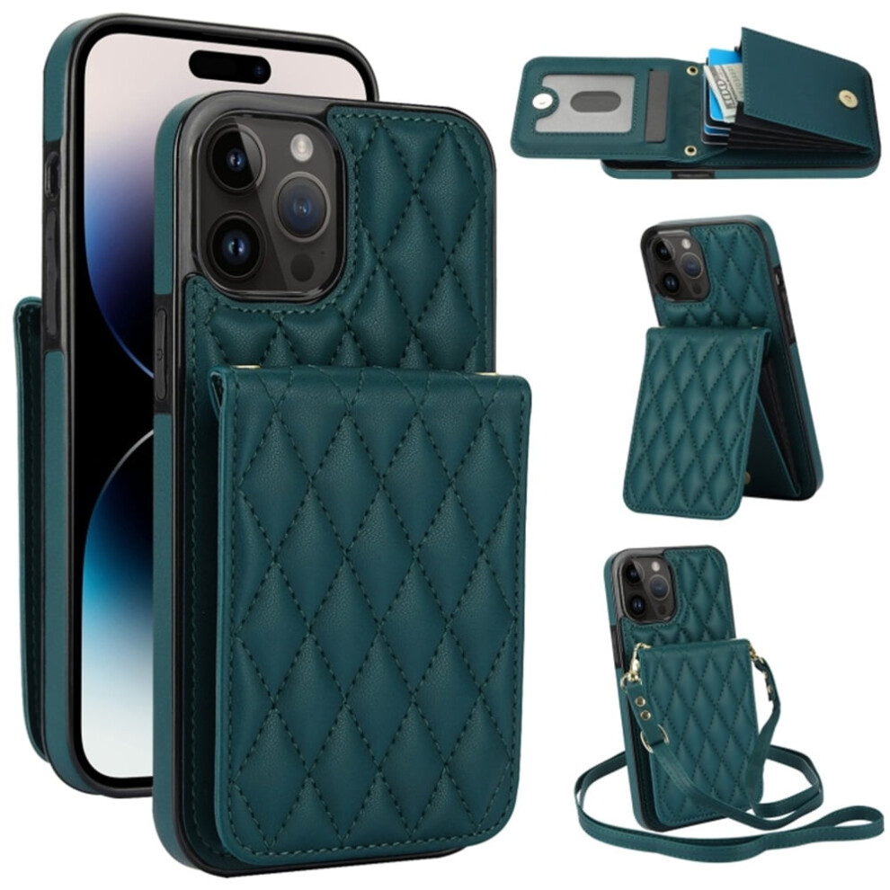 Pu Leather Rfid Wallet Case For Iphone 14 Pro Â Magnetic Flip, Multi-Card Slots, Detachable Strap, Argyle Pattern Green 9558633010145
