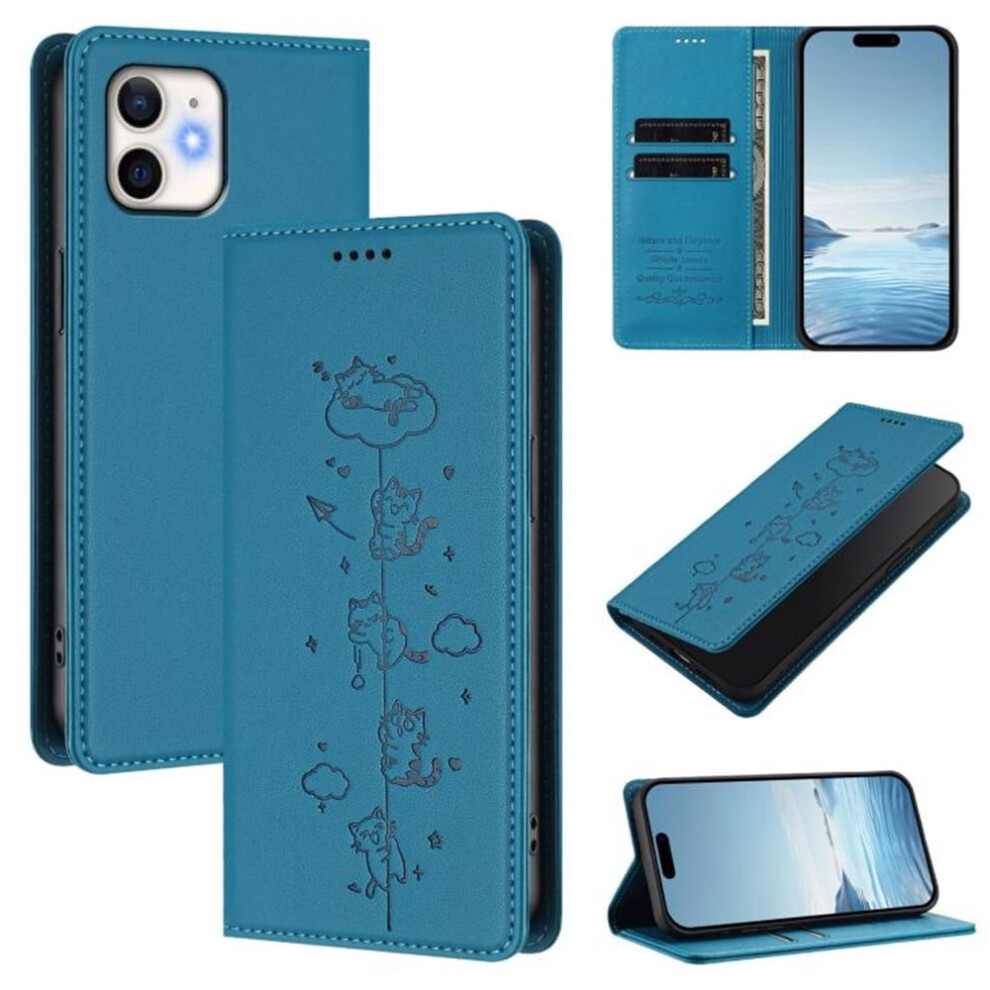 Rfid-Blocking Leather Flip Wallet Case For Iphone 11 Â Cats Embossed, Magnetic Closure, Card Holder Blue 9558633008357