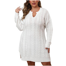 Damen-Pulloverkleid in Übergröße mit V-Ausschnitt, langen Ärmeln und Rippstrickrock, locker geschnitten, kurz und lässig, für den Winter.
