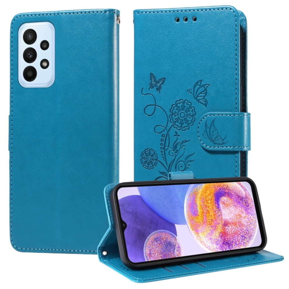 Embossed Butterfly Flower Flip Case For Samsung Galaxy A23 4G/5G, With Card Slots, Cash Compartment & Shockproof Kickstand Blue 9485826594949