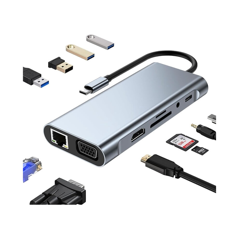 Usb-C Hub 11-In-1 With 4K Hdmi Vga Ethernet Pd Usb3.0 Sd Tf 9418476954252