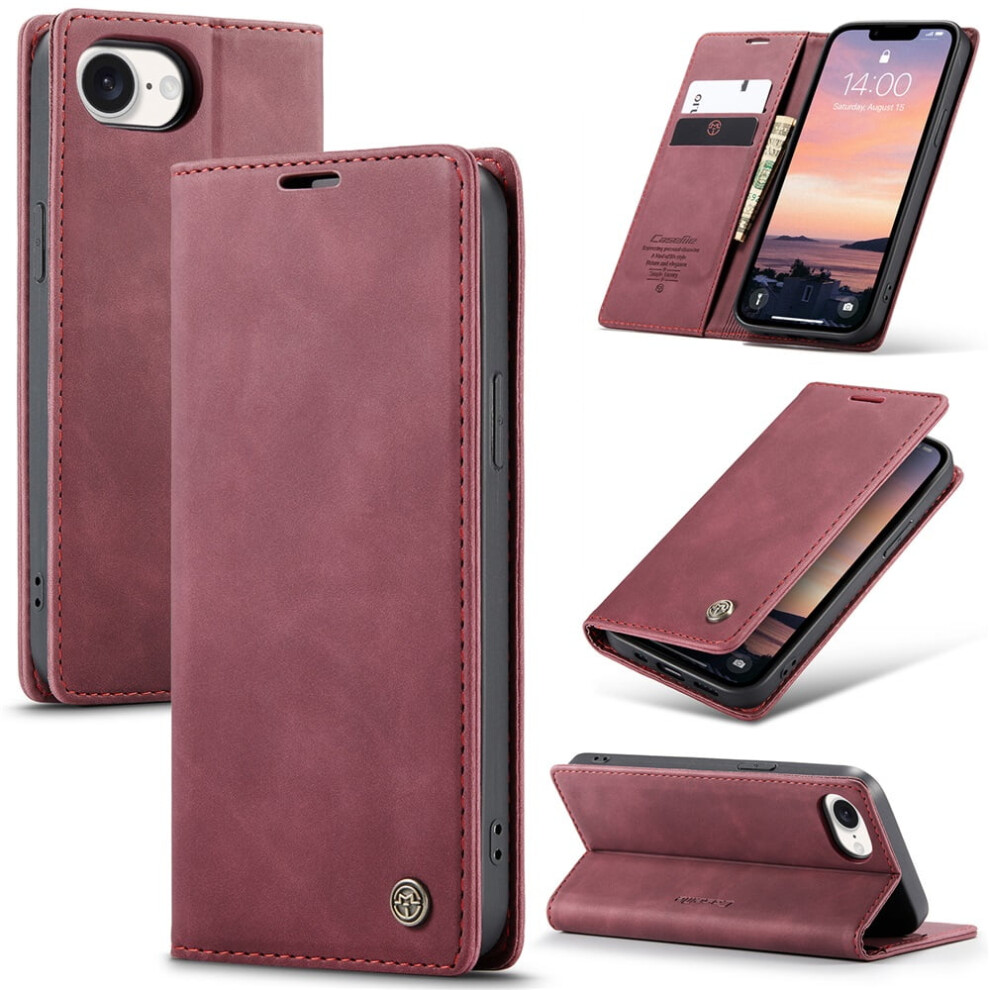 Caseme Leather Flip Wallet Case For Compatible With Iphone 16E – Wine Magnetic Closure, Card Holder, Shockproof, Kickstand Red 9418476658495