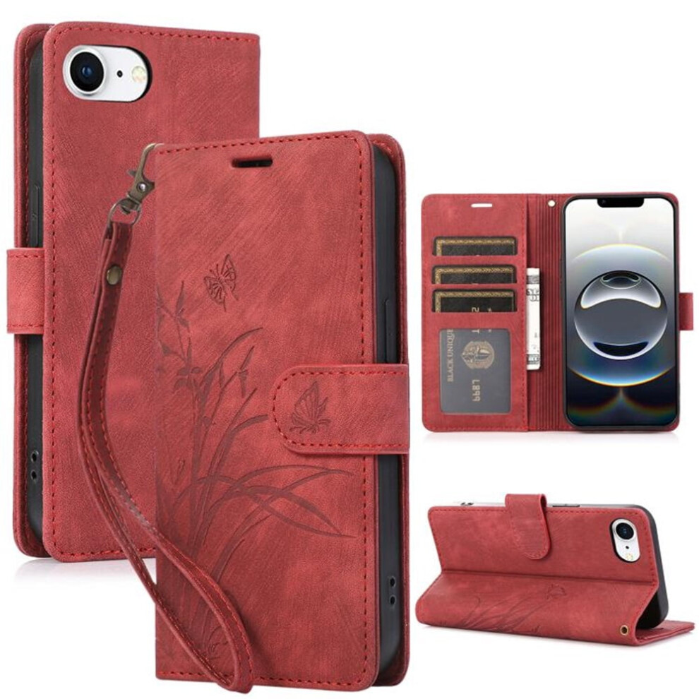 Orchids & Butterflies Embossed Leather Flip Wallet Case With Card Holder & Magnetic Closure Â Compatible With Iphone 16E Red 9130661893336