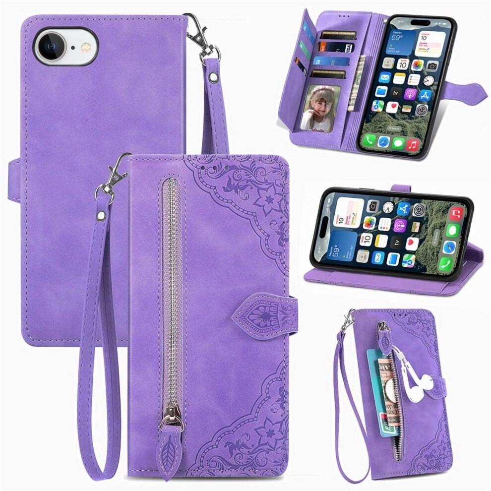 Compatible With Iphone 16E 6.1" Case Â Pu Leather Magnetic Flip Wallet With Lanyard, Wristlet & Zipper Card Holder 9485826596899