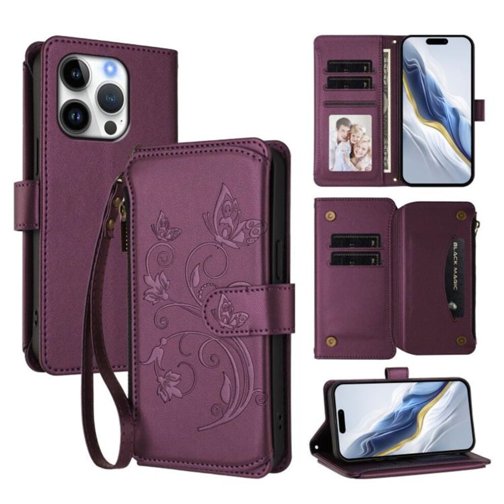 Magnetic Flip Stand Case For Iphone 16 Pro MaxâLanyard, 5-Card Holder, Butterfly Flower Zipper Wallet, Dark Purple 9485826597049