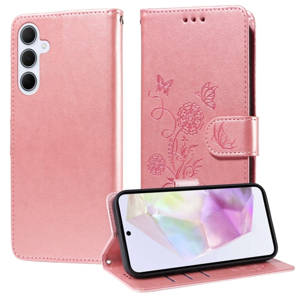 Embossed Butterfly Flower Flip Case For Samsung Galaxy A35 5GâShockproof, Kickstand, Card & Cash Slots Pink 9193271800095