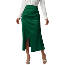 Women's Satin Silk Midi Skirt High Waist with Slit