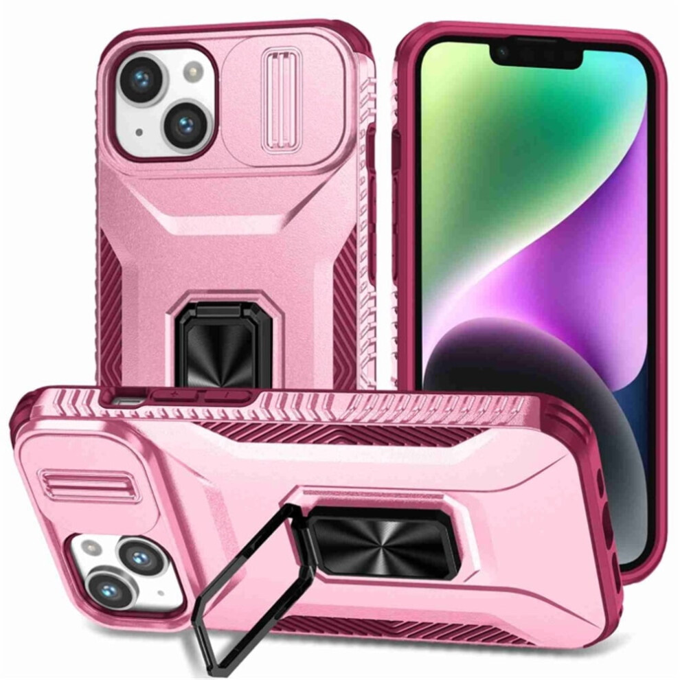 Slim Fit Shockproof Hybrid Case For Iphone 13 (6.1") Â Military-Grade, Slide Camera Cover, Rotating Ring Kickstand, Pink 9193271800057