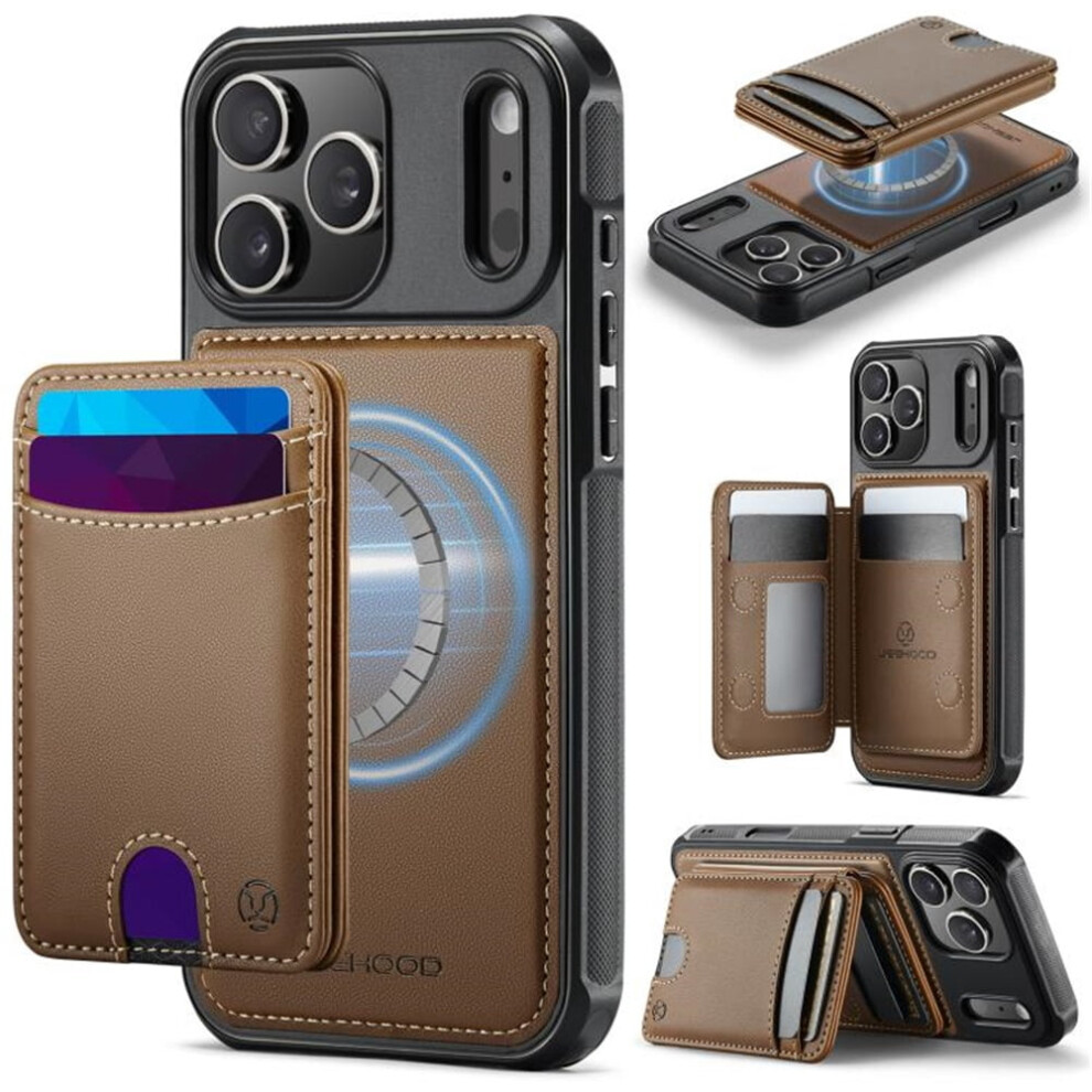 Jeehood Case For Iphone 17 Pro: Rfid-Blocking Pu Leather, Magsafe-Compatible 2-In-1 Wallet With Kickstand & Push Card Holder, Brown 9130661894180