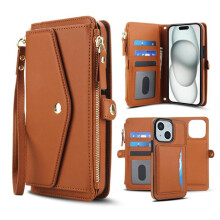 RFID Blocking 2-in-1 PU Leather Wallet Case for iPhone 14 Plus – Magnetic Flip, Multi-Card Slots, Zipper Pocket, Detachable Shoulder & Wrist Straps,