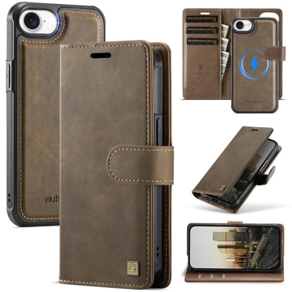 Rfid-Blocking Magsafe Purse Case For Iphone 16E (6.1") Â 3-Card Slots, Kickstand, Flip & Shockproof, Brown 9418476658457