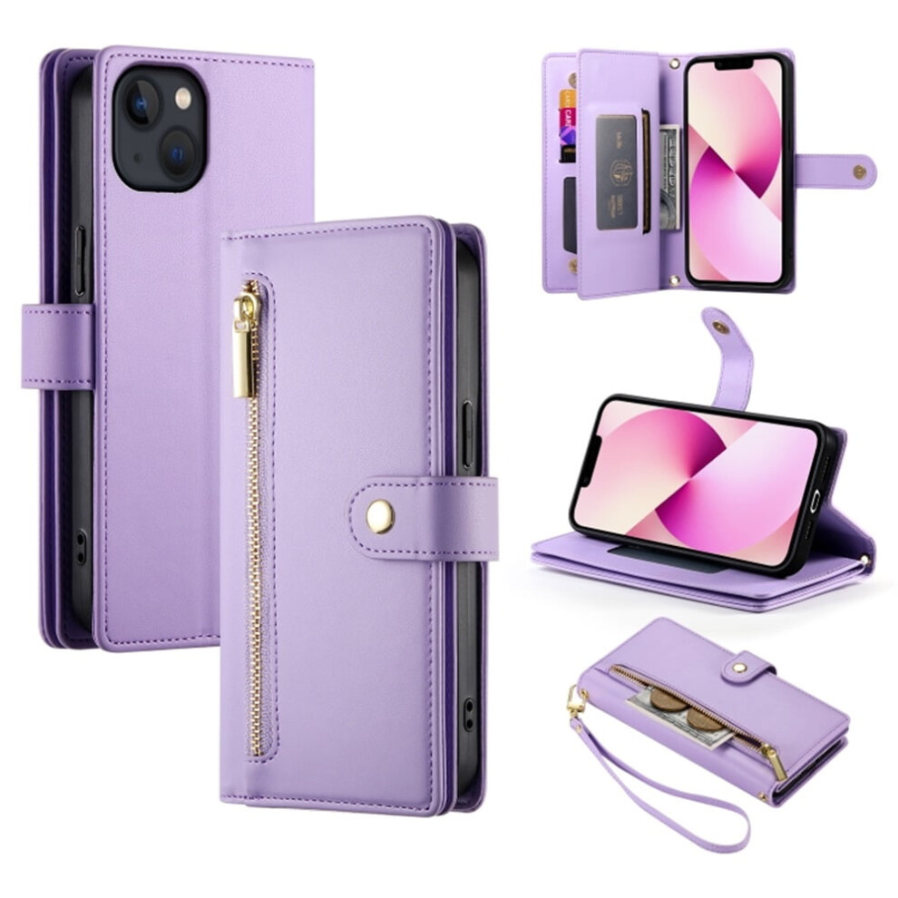 Leather Wallet Case For Iphone 13 (6.1"), With Multi-Card Slots, Zipper Pocket, Lanyard Strap & Wristlet Â Compatible With Iphone 13 Purple 9130661893930