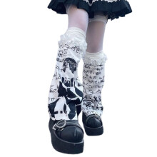 Harajuku Aesthetic Japanese Anime Letter Print Leg Warmer Socks for Women Punk Ruffle Trim Flared Leg Sleeves Streetwear