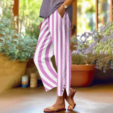 Women's striped print pants elastic waist straight leg with