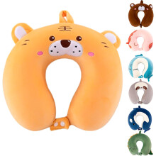 Kids Travel Pillow for Airplane, Road Trip, Car Seat - Neck, Chin Supporting - Memory Foam Insert and Cute Animal Plush Cover - Gift for Boys, Girls