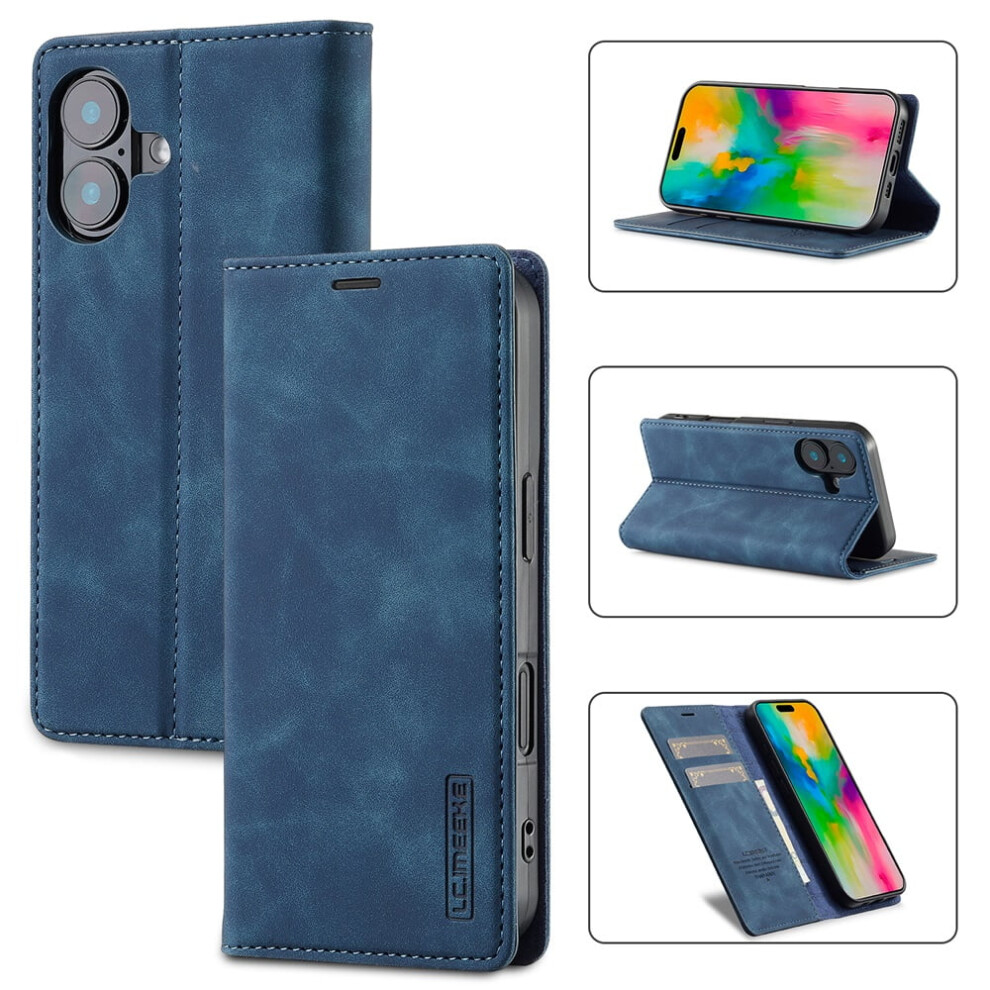 Lc.imeeke Leather Flip Wallet Case For Iphone 16 Â Magnetic Closure, Card Holder, Shockproof, Kickstand, Blue 9485826594413