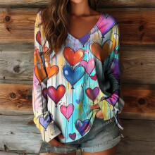 Women's Valentine's Day Blouse Long Sleeve V-Neck with Heart Print Casual and Romantic Style