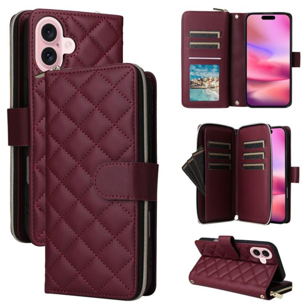 Magnetic Flip Wallet Case For Iphone 17: 9-Card Slots, Zipper Pocket, Detachable Shoulder & Wrist Straps Â Wine Red 9418476660474